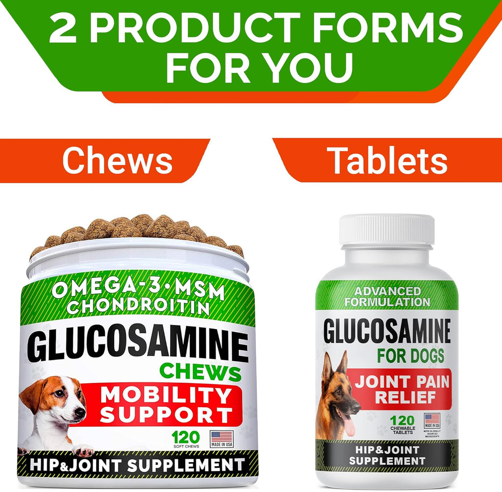 Glucosamine Tablets for Dogs - Joint Supplement w/Omega-3 Fish Oil - Chondroitin, MSM - 120 Ct F5662
