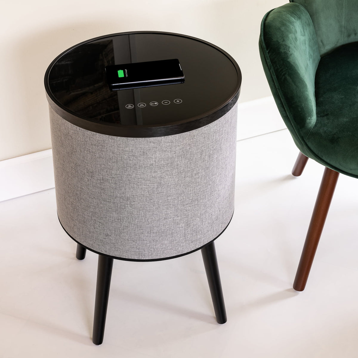 Round Bluetooth Speaker End Table with Wireless Charging, Gray O86936
