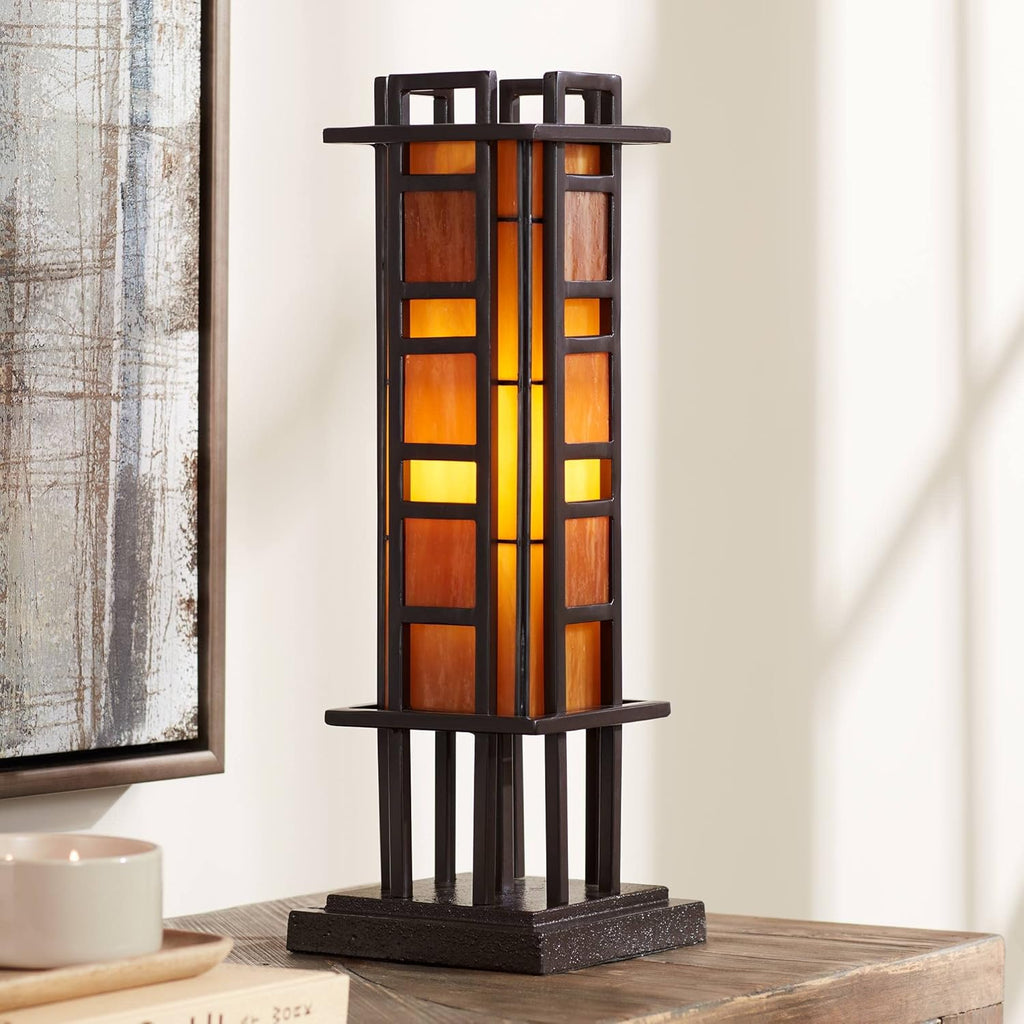 Bronze Iron Column Accent Table Lamp with Amber Stained Art Glass Y122512