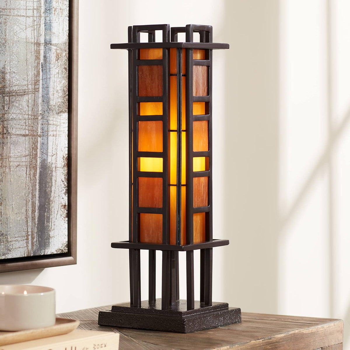 Bronze Iron Column Accent Table Lamp with Amber Stained Art Glass Y122512