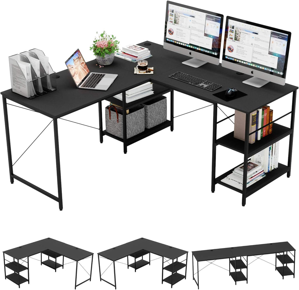 L Shaped Gaming Desk with Shelves 95.2 Inch Reversible Corner Computer Desk P90313