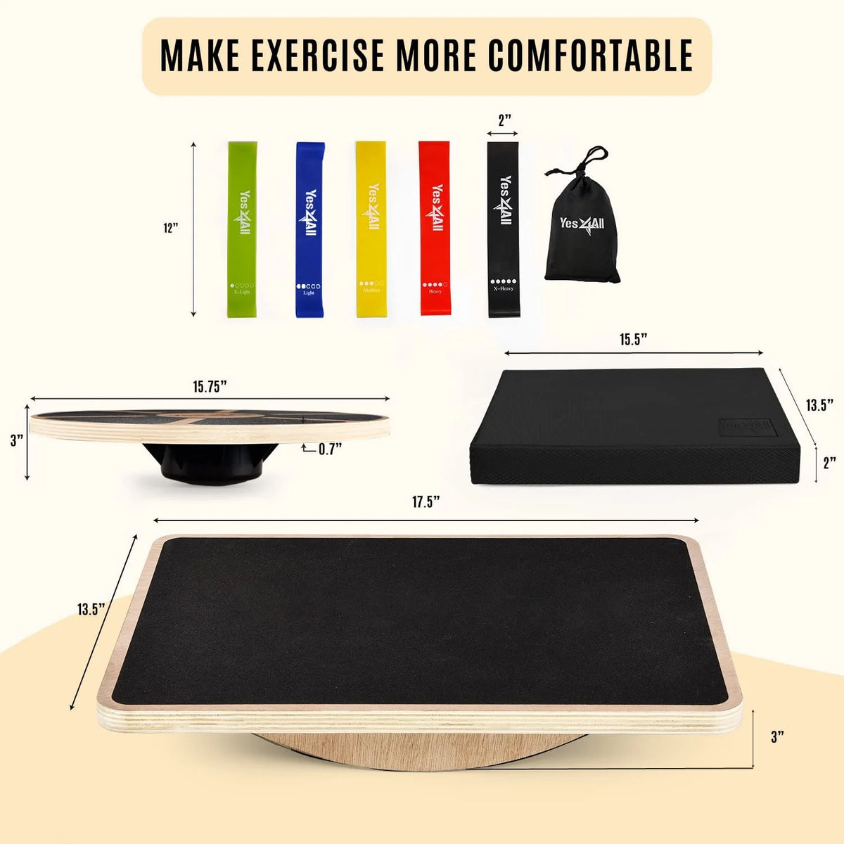 4-in-1 Wooden Wobble Balance Board Set with Balance Pad & Exercise Bands O43698