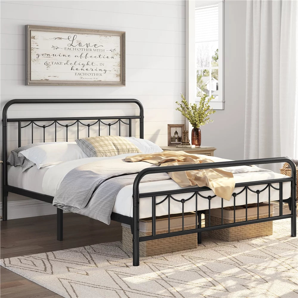 Queen Matte Black Metal Platform Bed Frame with Headboard and Footboard Z42818