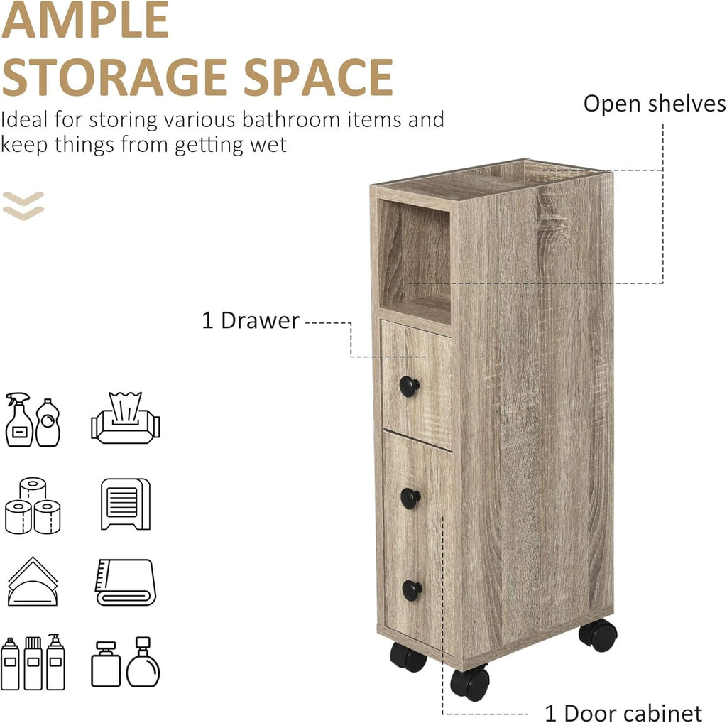 Oak Grain Color Freestanding Bathroom Cabinet with 2 Open Cabinets, 1 Door Cabinet, 1 Drawer and 4 Rolling Wheels B432600