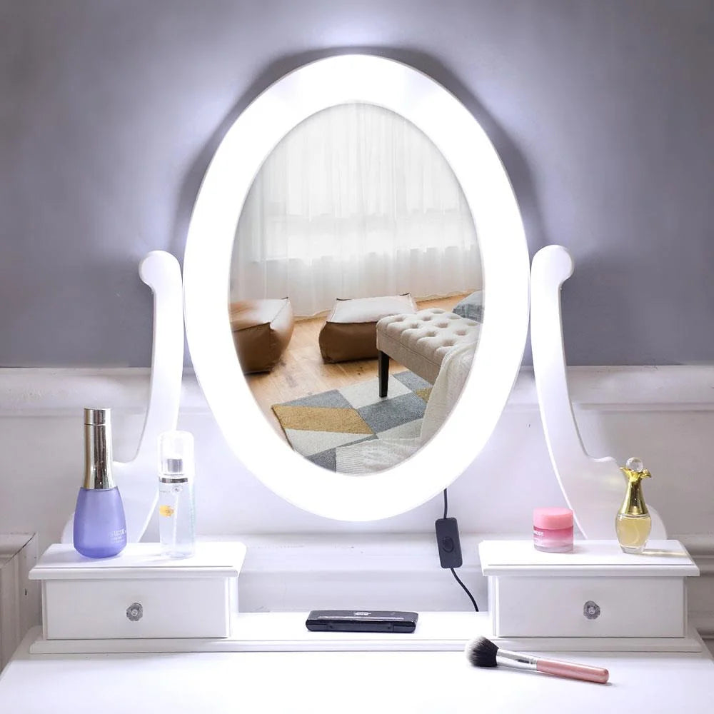White Vanity Table Set with 5 Drawers and Cushioned Stool V84726