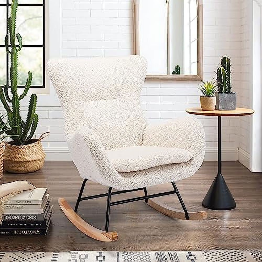White Velvet Upholstered Glider Rocker Accent Chair with Side Pocket S496
