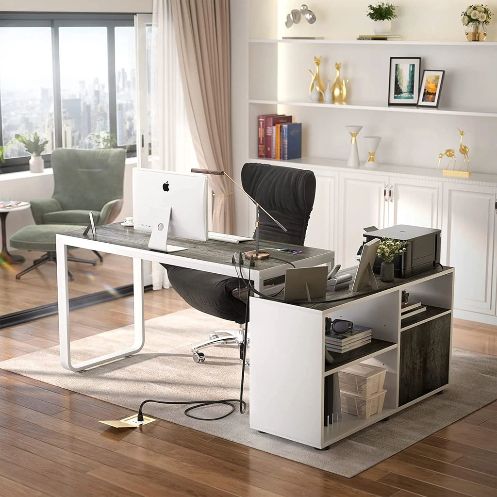 L Shaped Desk with Power Outlet and LED Strip, 55 Inch Reversible Corner Computer Desk with Drawers and Storage Shelves, Grey & White M5961