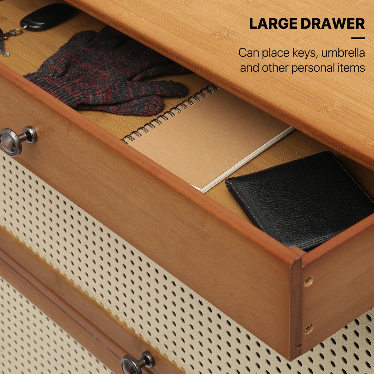 Bamboo 28 Pairs Shoe Cabinet with Rattan Doors and Boots Compartments I791