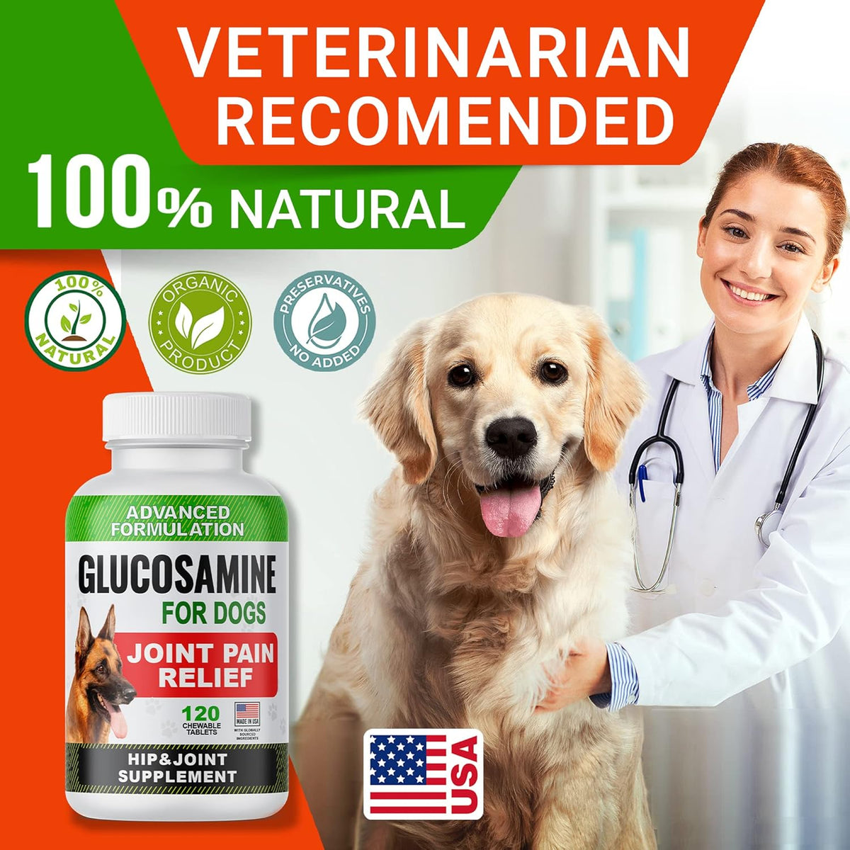 Glucosamine Tablets for Dogs - Joint Supplement w/Omega-3 Fish Oil - Chondroitin, MSM - 120 Ct F5662