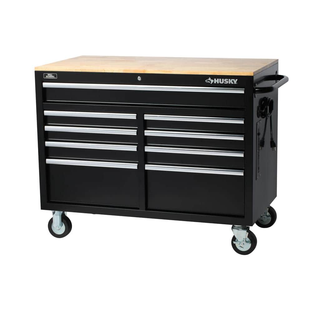 9-Drawer Mobile Workbench Cabinet with Solid Wood Top in Gloss Black A3241