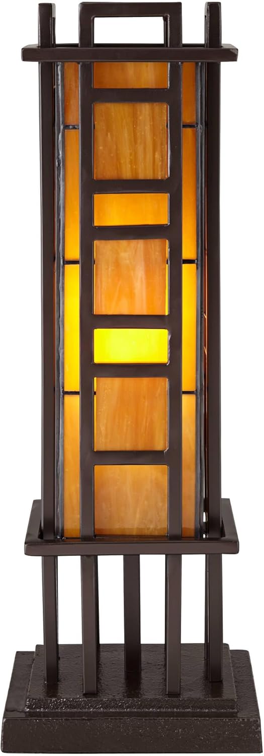Bronze Iron Column Accent Table Lamp with Amber Stained Art Glass Y122512