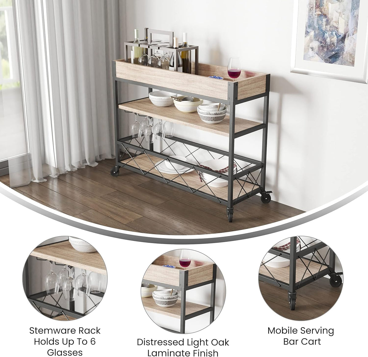 Light Oak Wood Kitchen Bar Cart with Storage Rack and Shelf A31428