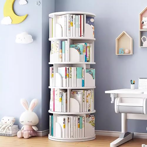 5 Tier White Solid Wood Rotating Bookshelf Y346244