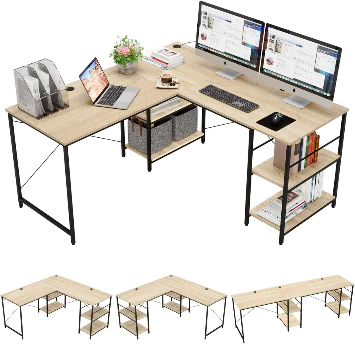 L Shaped Gaming Desk with Shelves 95.2 Inch Reversible Corner Computer Desk P90313