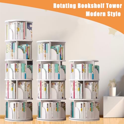 5 Tier White Solid Wood Rotating Bookshelf Y346244