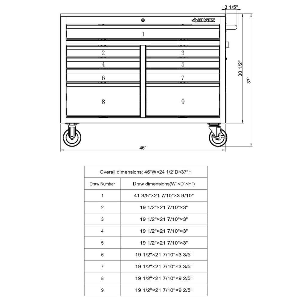 9-Drawer Mobile Workbench Cabinet with Solid Wood Top in Gloss Black A3241