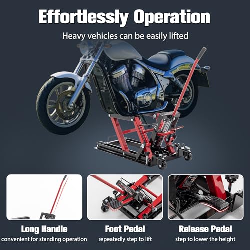 Red Hydraulic Motorcycle Lift Jack 1500 LBS Capacity, Foot-Operated Scissor Lift Table, Adjustable Height S8343