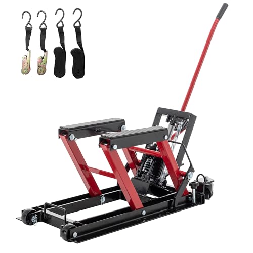 Red Hydraulic Motorcycle Lift Jack 1500 LBS Capacity, Foot-Operated Scissor Lift Table, Adjustable Height S8343