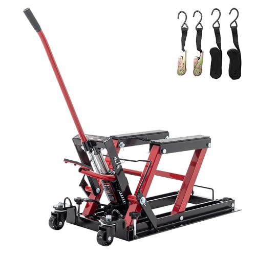 Red Hydraulic Motorcycle Lift Jack 1500 LBS Capacity, Foot-Operated Scissor Lift Table, Adjustable Height S8343