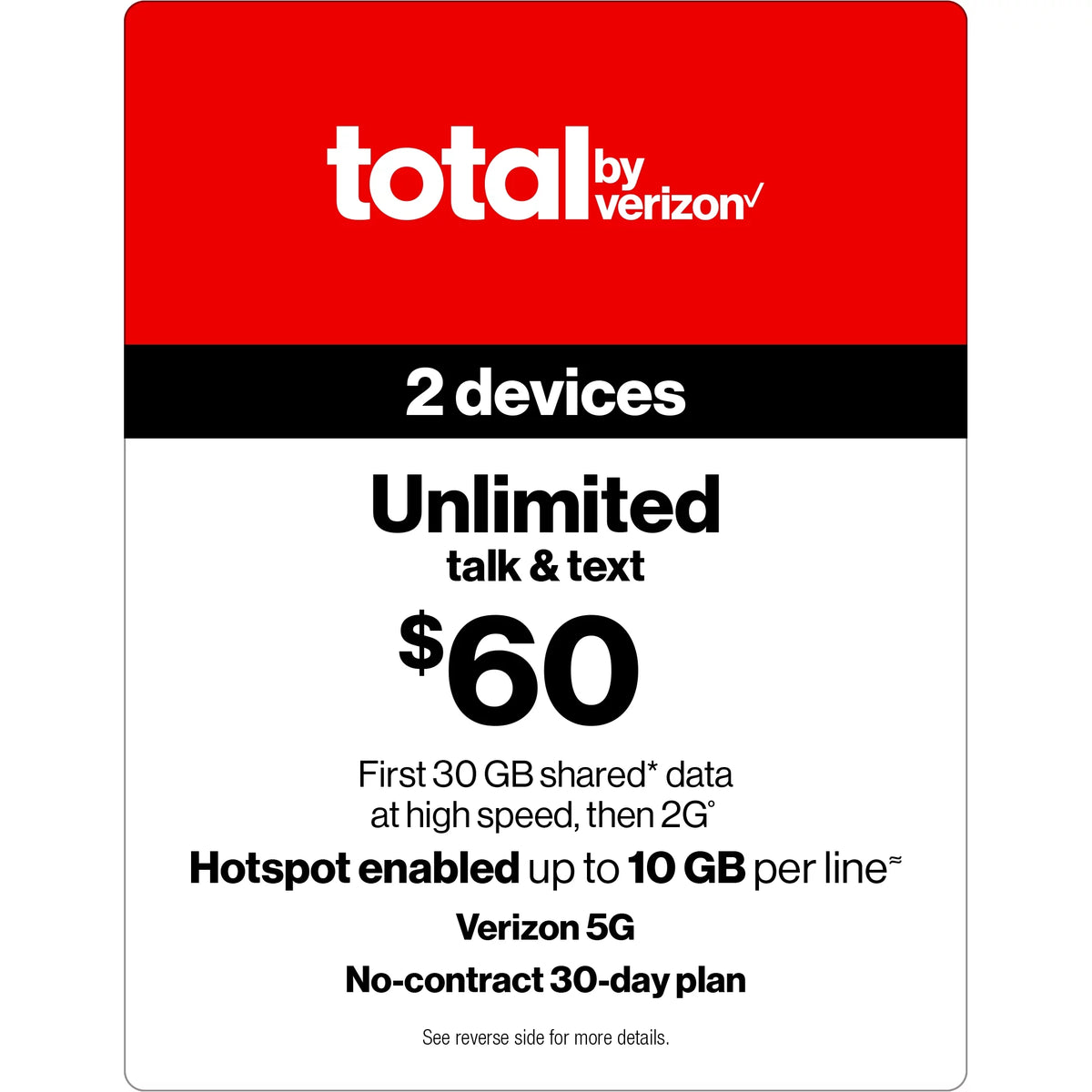 $60 Unlimited 30-Day 2 Lines Prepaid Plan with 30GB Shared Data and 10GB Mobile Hotspot Per Line G81068