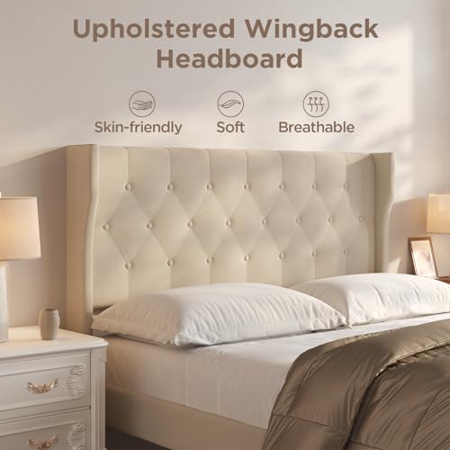 Beige Queen Size Upholstered Bed Frame with Headboard W50283