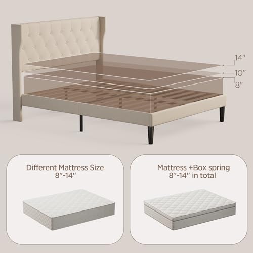 Beige Queen Size Upholstered Bed Frame with Headboard W50283