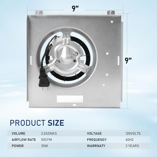 50 CFM Bathroom Fan Motor, 2.0 Sone, 9"x9" W995049