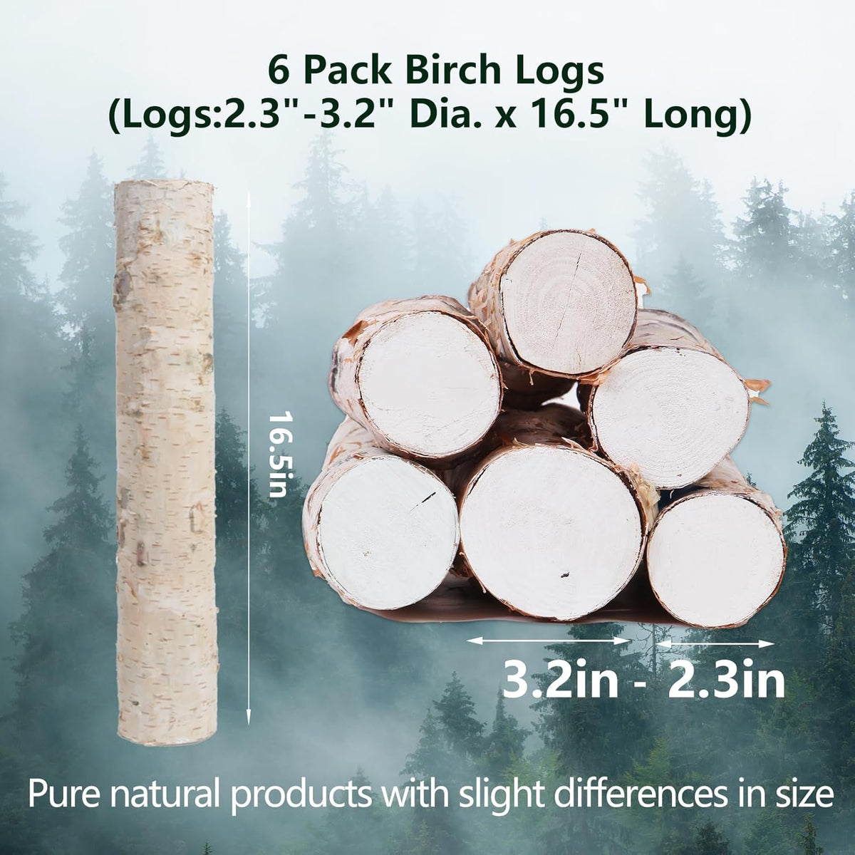 6 Pack Natural Birch Logs 2.3"-3.2" Dia. x 16.5" Length D176