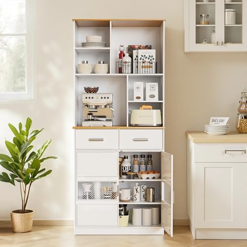 White 72'' Tall Kitchen Pantry Cabinet with Microwave Stand A48270