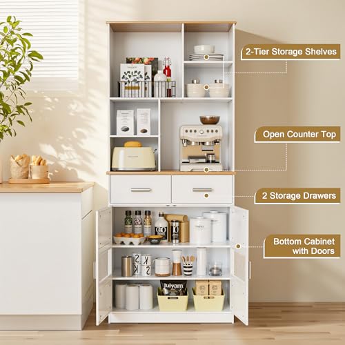 White 72'' Tall Kitchen Pantry Cabinet with Microwave Stand A48270