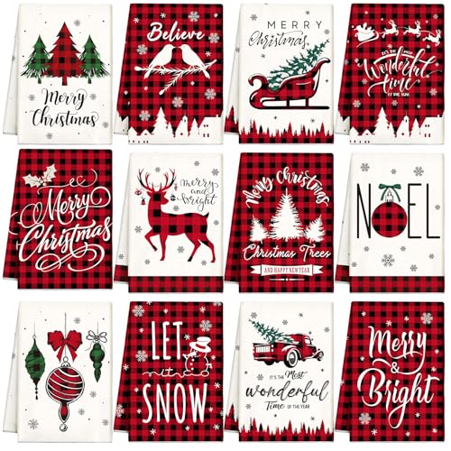 12 Pcs Christmas Kitchen Towels and Dishcloths 14.2 x 21.3 Inch Q5745