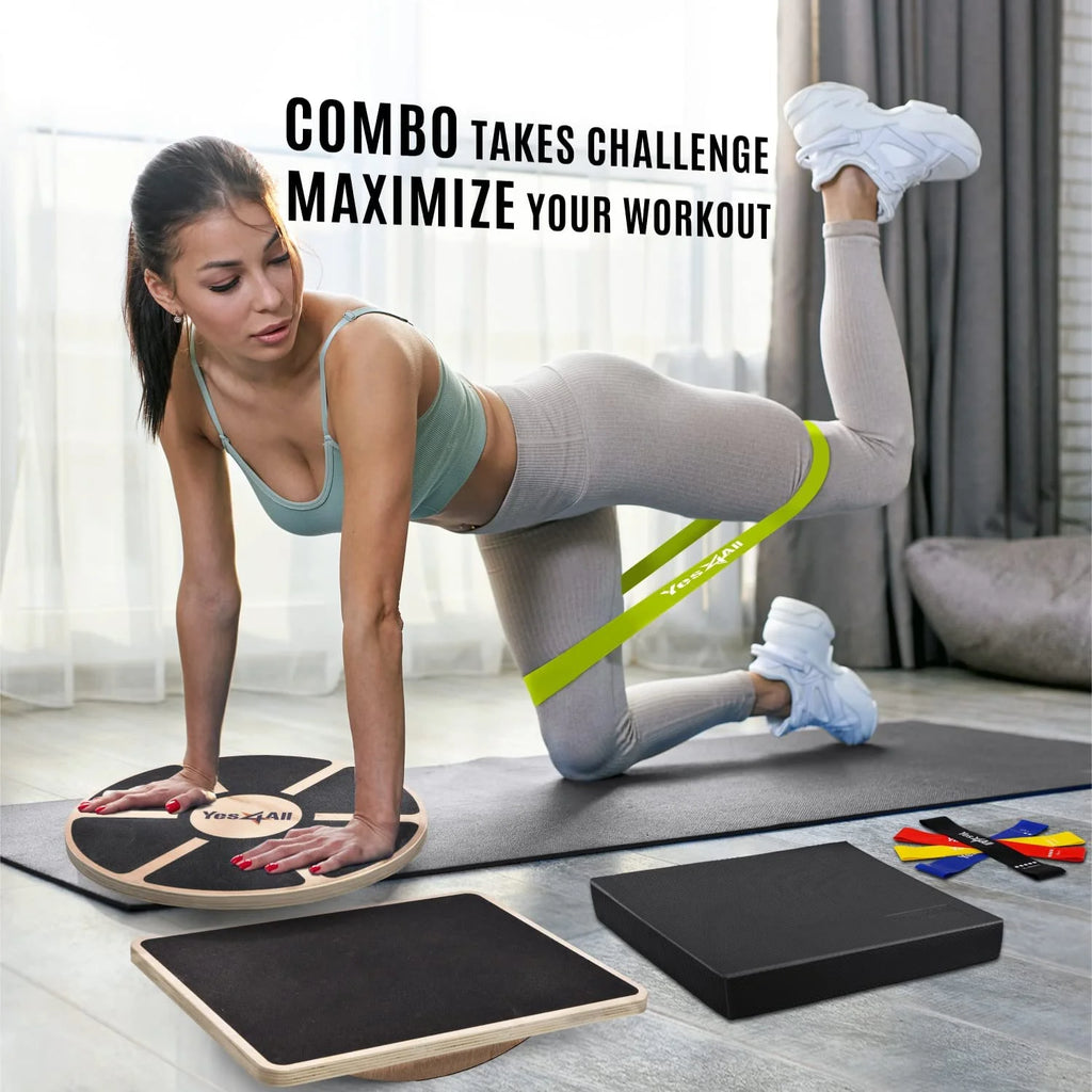 4-in-1 Wooden Wobble Balance Board Set with Balance Pad & Exercise Bands O43698