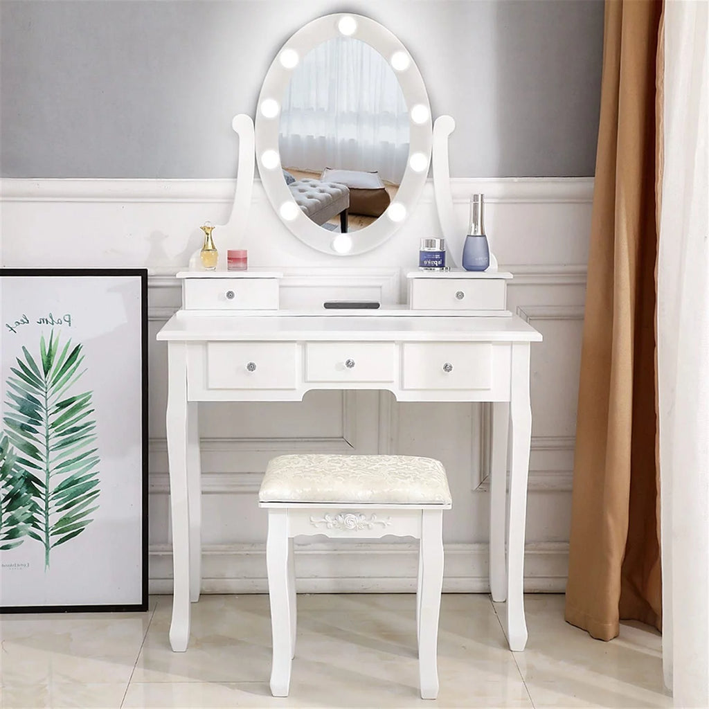 White Vanity Table Set with 5 Drawers and Cushioned Stool V84726
