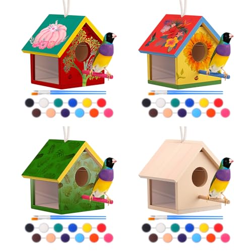 4 Set Wooden Birdhouse Kits with Lanyard and Post P4224