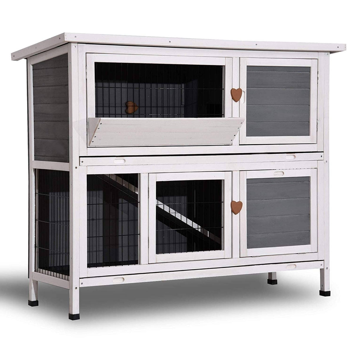 Grey 2 Story Wooden Rabbit Hutch with Ladder X5803