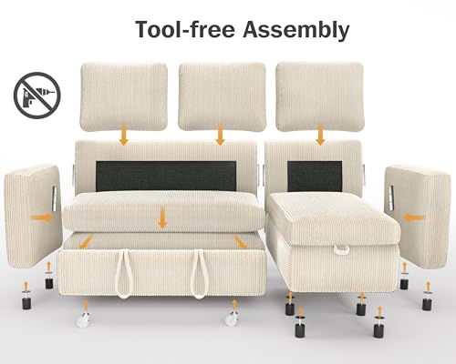 Beige Corduroy L Shaped Sleeper Sofa with Storage Chaise R116