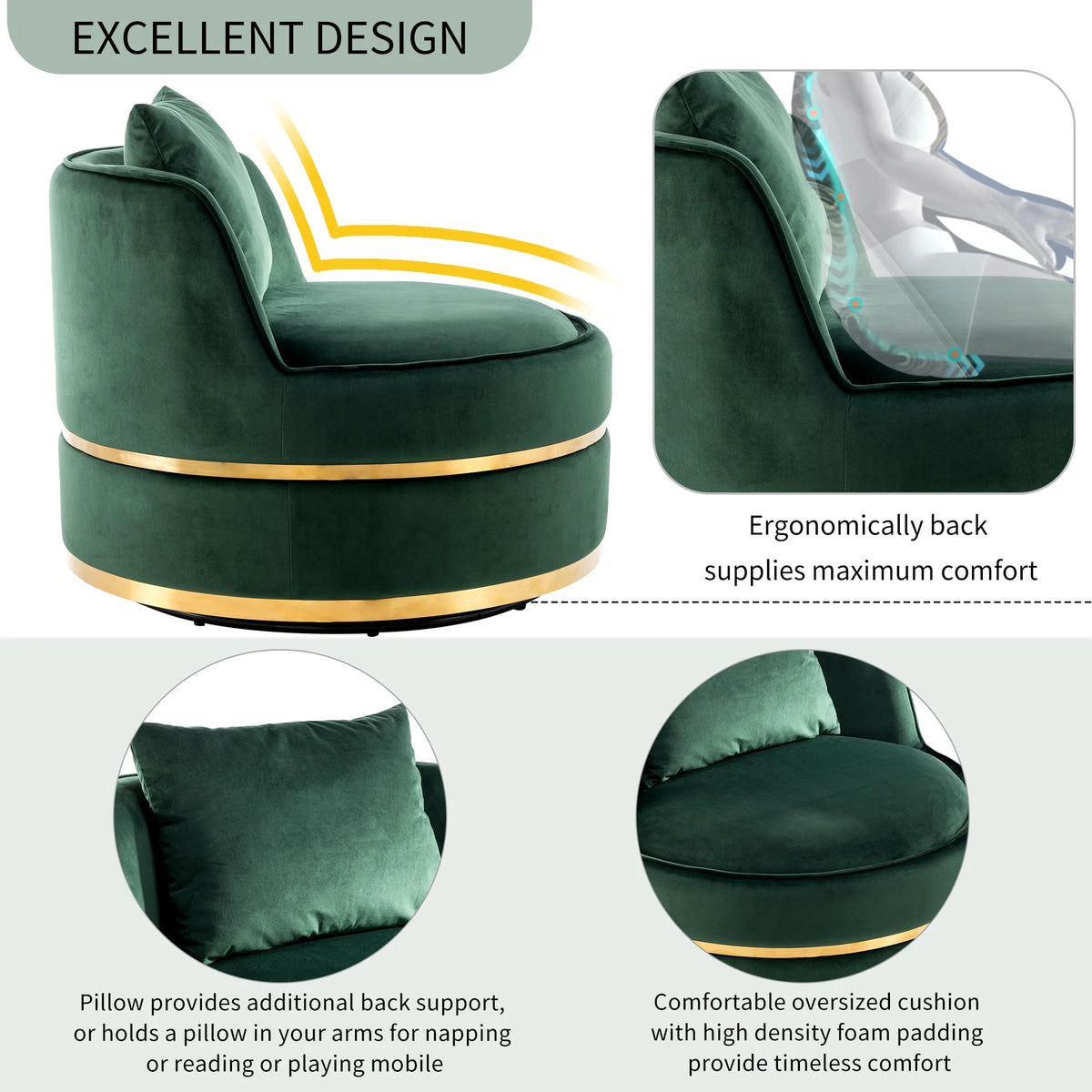 Green Velvet Round Barrel Accent Chair with Seat Cushion C5925