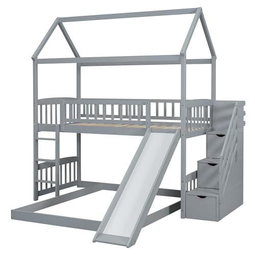 Twin Over Full Size Wood House Bunk Bed with Slide and Storage Steps Z160