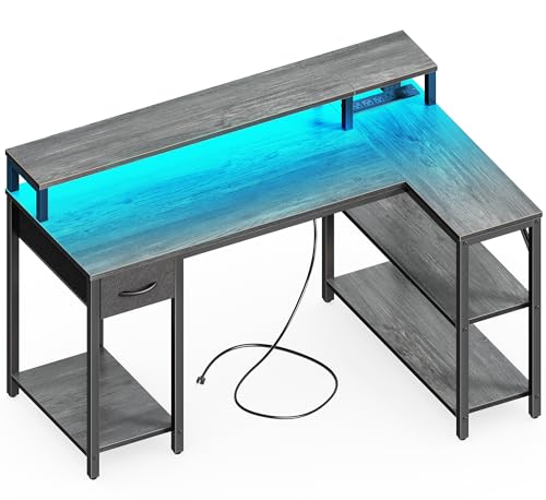 47 inch Reversible L Shaped Desk with LED Lights & Power Outlets Z696579