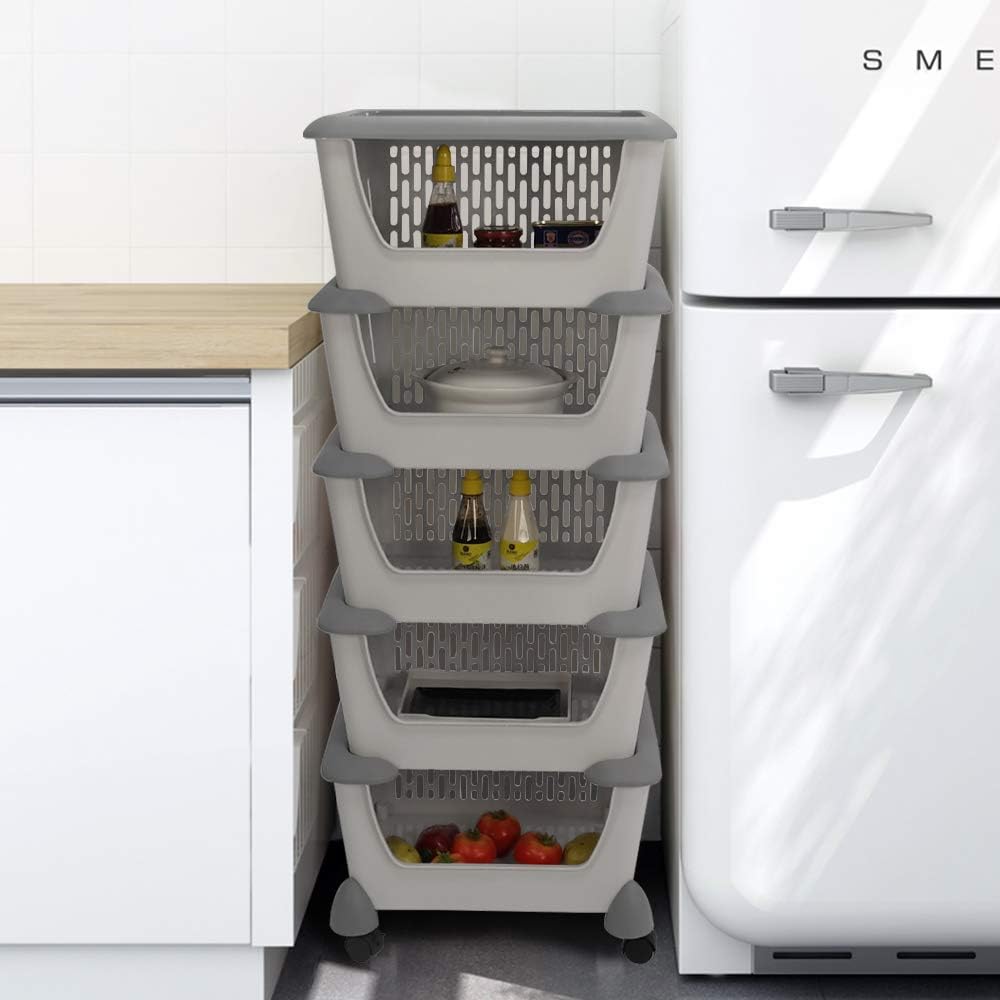 Gray 5 Tiers Stacking Basket with Wheels J97615