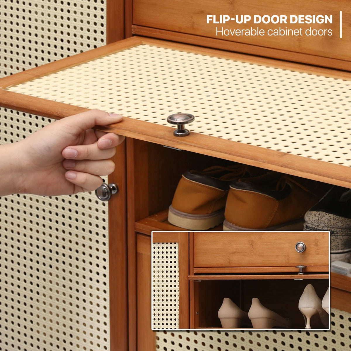 Bamboo 28 Pairs Shoe Cabinet with Rattan Doors and Boots Compartments I791