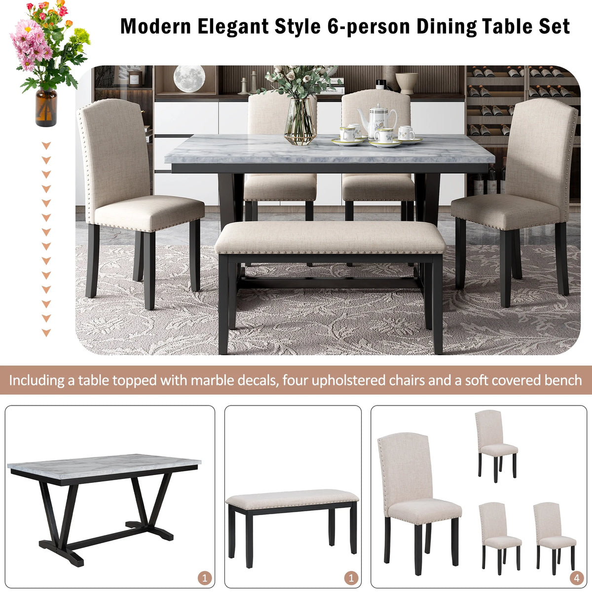 6-piece Dining Table with 4 Chairs & 1 Bench, White E52212