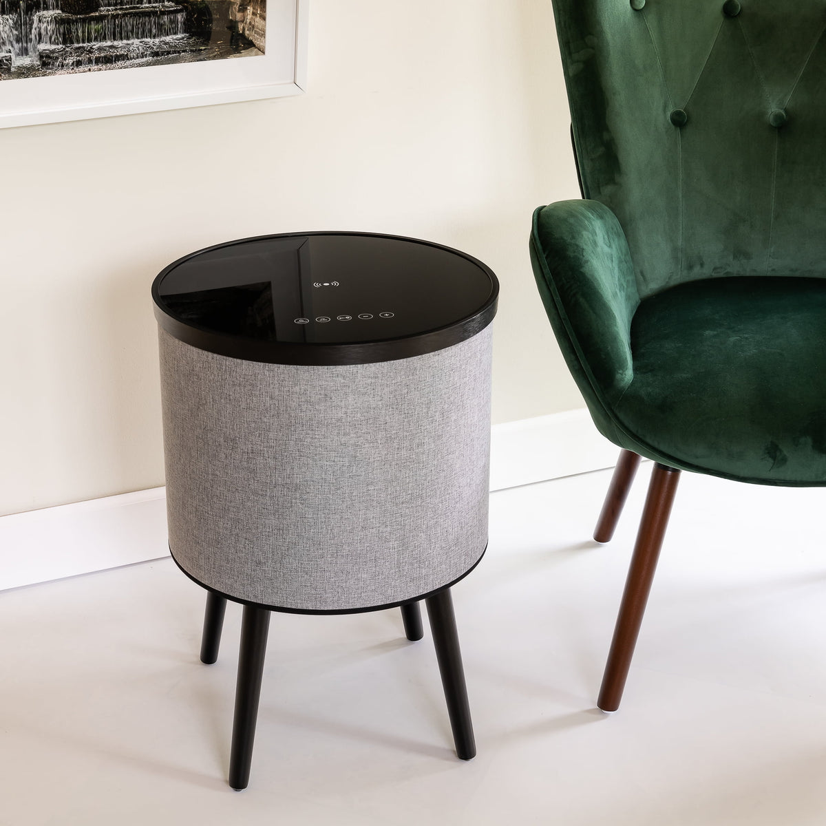 Round Bluetooth Speaker End Table with Wireless Charging, Gray O86936