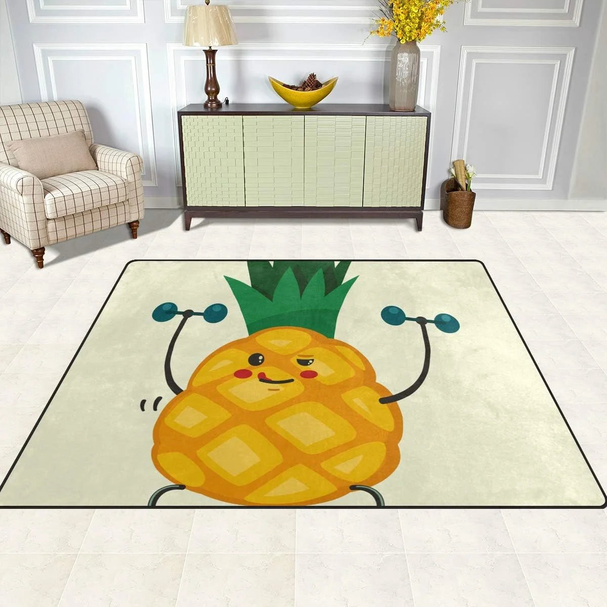 Cute Pineapple Doing Exercises with Dumbbells Lightweight Carpet Mats, 6'8" x 4'10" Area Soft Rugs Floor Mat Rug E563399