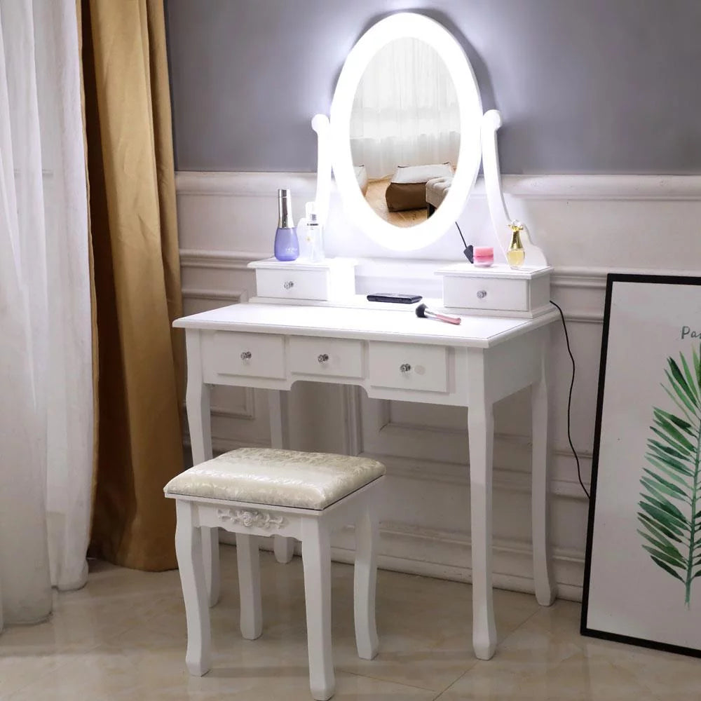 White Vanity Table Set with 5 Drawers and Cushioned Stool V84726