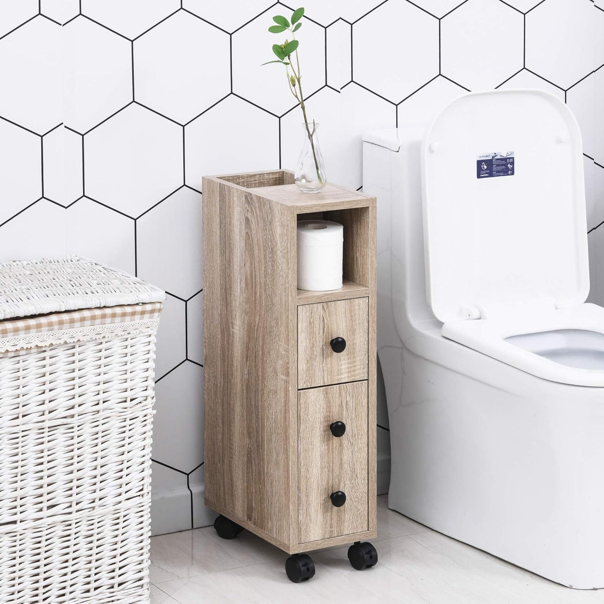 Oak Grain Color Freestanding Bathroom Cabinet with 2 Open Cabinets, 1 Door Cabinet, 1 Drawer and 4 Rolling Wheels B432600