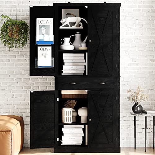 White Kitchen Pantry Storage Cabinet with Barn Doors and Drawer Q266