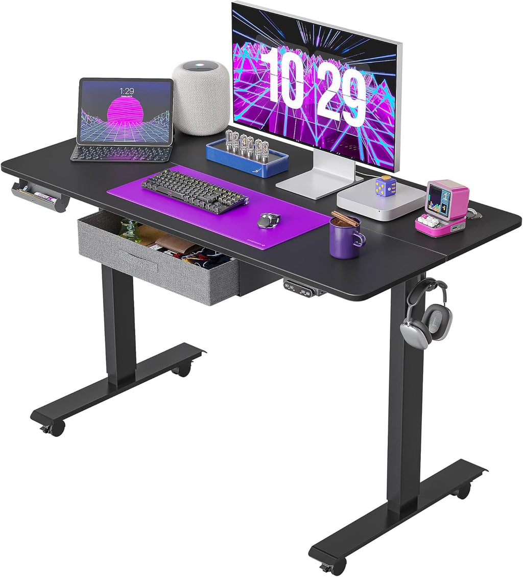 Adjustable Height Electric Standing Desk with Drawer, 55 x 24 Inches Black Steel Frame/Rustic Brown Tabletop F7405