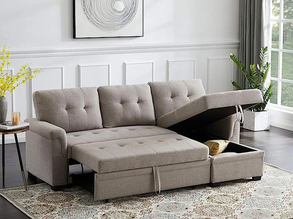 Linen Reversible Sleeper Sectional Sofa with Storage Chaise D615048