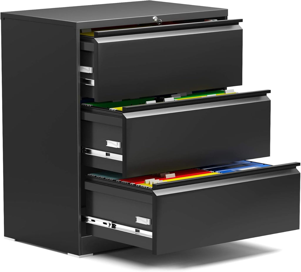 Black Steel Lateral File Cabinet with 3 Lockable Drawers N154024